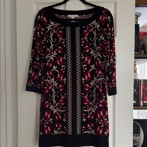 White House Black Market Black Dress with Red and Gold Floral Design
